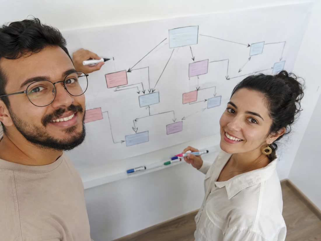 Duas pessoas riscando no quadro branco o esqueleto de uma tese